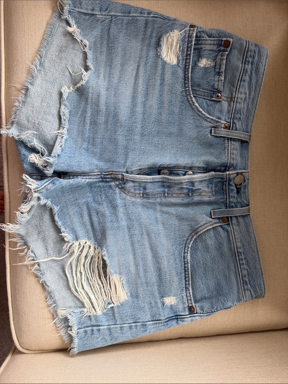 Levi's 501 Light Blue Distressed Denim Shorts with Frayed Hem